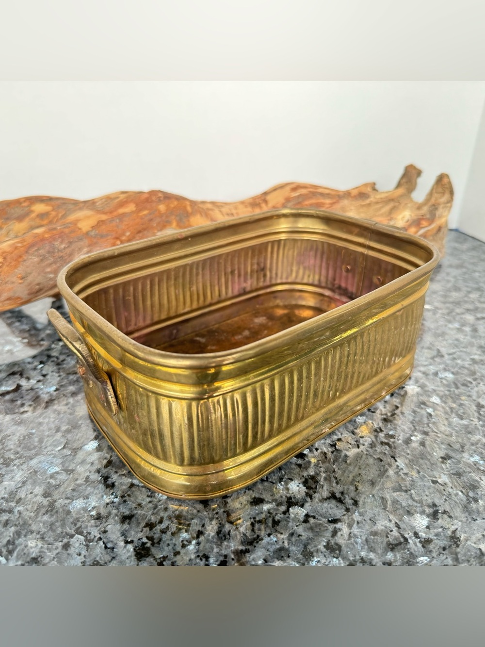 VTG Brass Rectangular Tub Planter Ridged With Handles Decorative Made In India